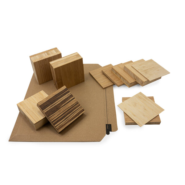 Bamboo board sample pack product image, containing the entire range of bamboo veneers & boards