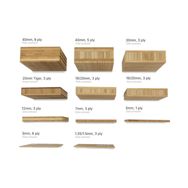 Labelled image of the bamboo veneer & board samples contained in the sample pack