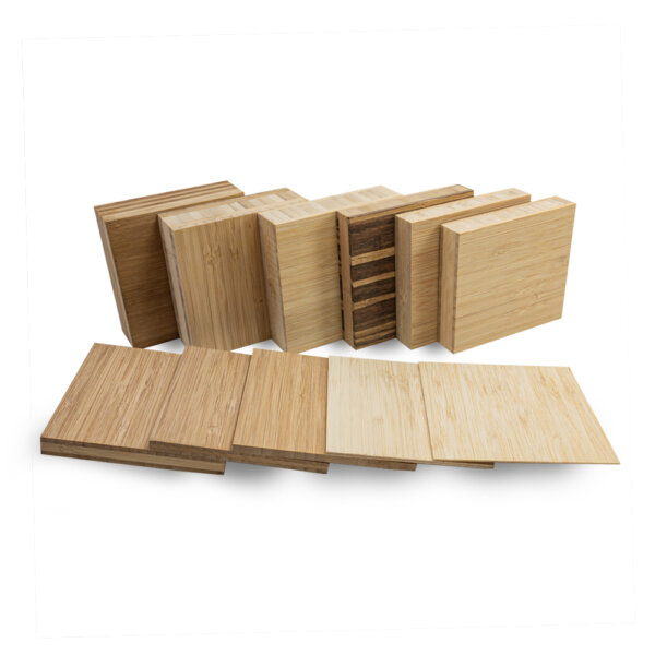 The bamboo boards and veneers samples arranged to show the thicknesses available