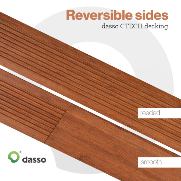 The smooth and reeded faces of the reversible CTECH bamboo decking by Dasso