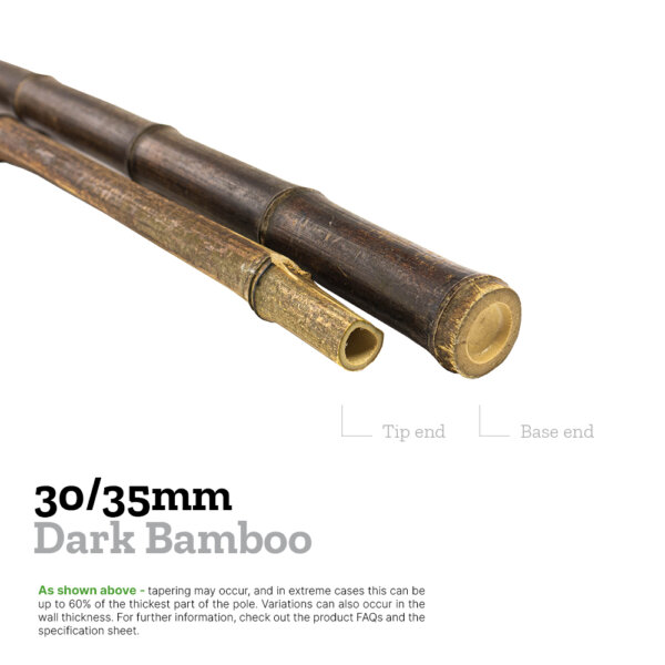 30/35mm dark bamboo explainer image comparing the diameters of the base and tip to show tapering