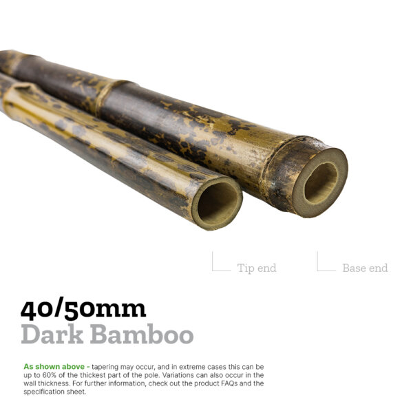 40/50mm dark bamboo explainer image comparing the diameters of the base and tip to show tapering