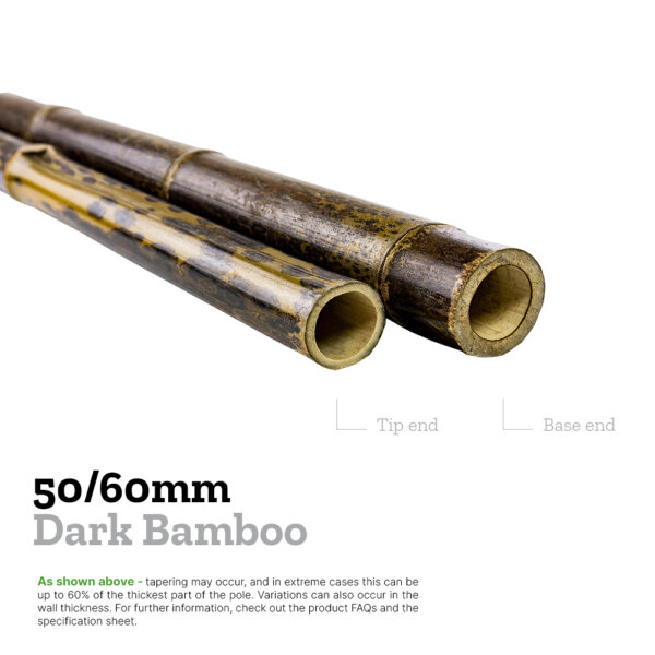 50/60mm dark bamboo explainer image comparing the diameters of the base and tip to show tapering