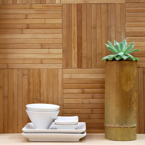 Alternating squares of Burnt Honey flexible bamboo wall panelling for an interior design project