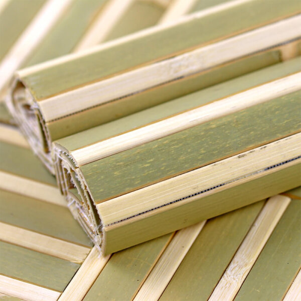 A close-up of sample rolls of Mystic Forest flexible bamboo wall panelling