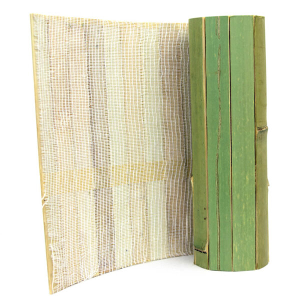 A sample-sized roll of raw green colour flexible bamboo wall panelling for interior design