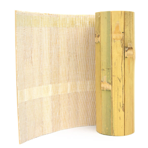 A sample-sized roll of raw natural colour flexible bamboo wall panelling