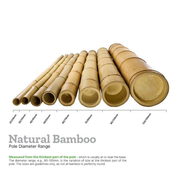 Explainer image showing the pole diameter range of the natural bamboo poles from 25/28mm to 120/150mm