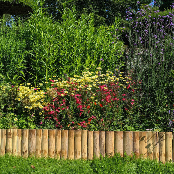 Customer image showing rustic bamboo garden edging lining a garden with wild flowers