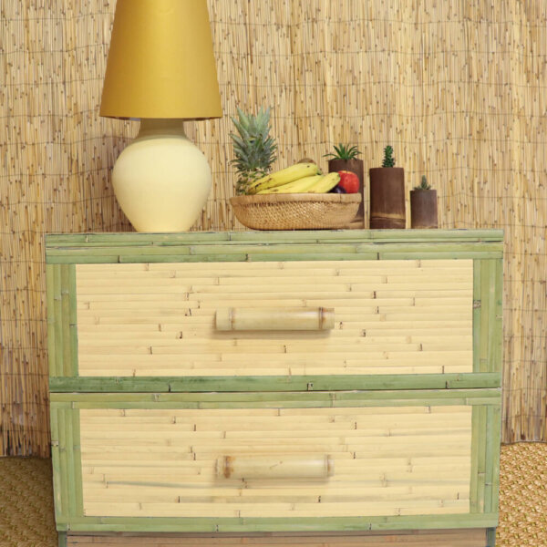 A cabinet upcycled with raw green and autumn wheat bamboo wall panelling fitted to the front surface