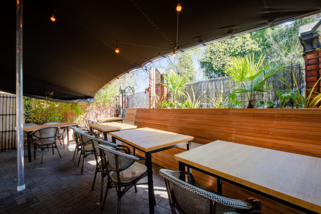 Exterior shot of Zen Durham Thai Restaurant, using 40mm bamboo plyboards for the tables
