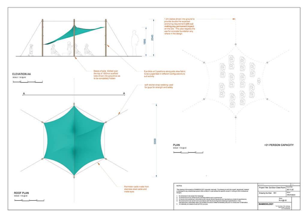 One of Bamboology's technical drawings of the outdoor classroom made from a stretch canopy and bamboo poles