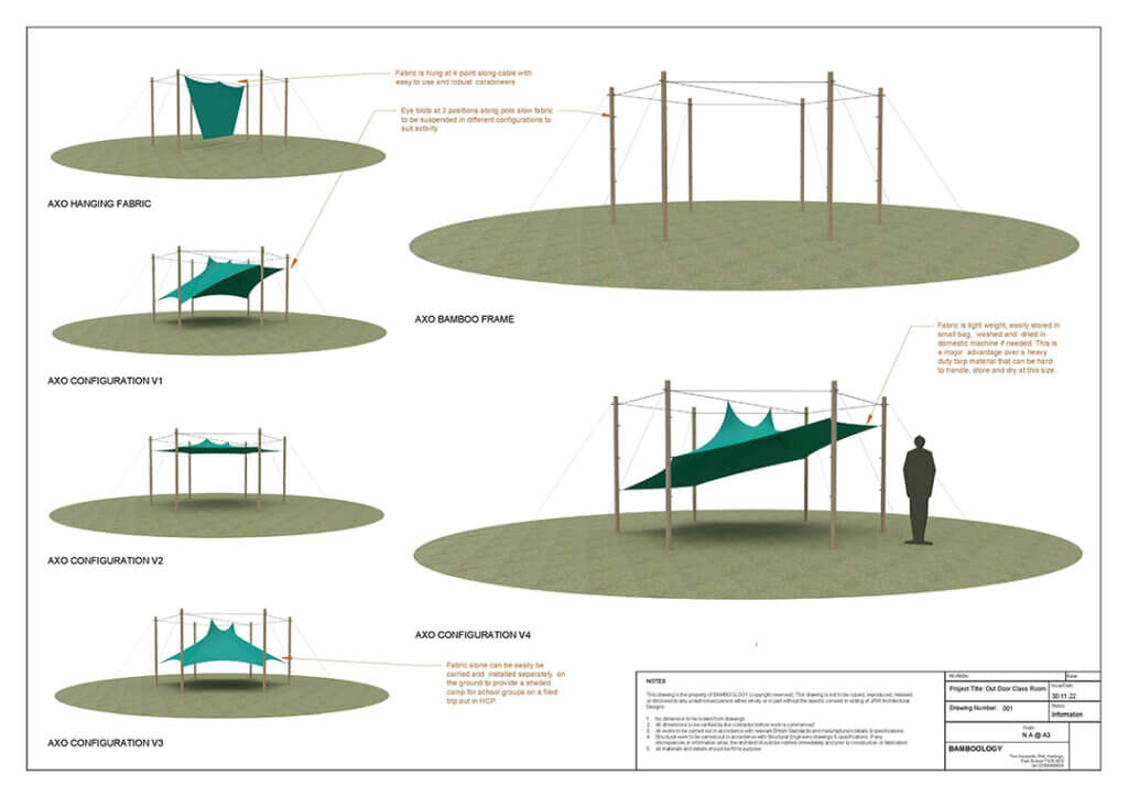 Bamboology's architectural drawings of the outdoor classroom using Guadua bamboo poles